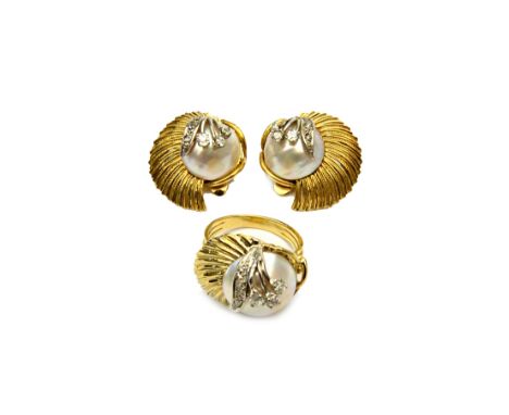 A gold, mabe pearl and diamond set ring, with a matching pair of gold, mabe pearl and diamond set earclips, each mounted with