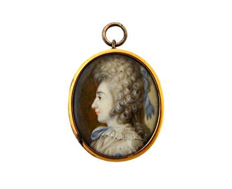 A late 18th century Continental school small portrait miniature on ivory of a woman, the image 3.2cm high.  Illustrated