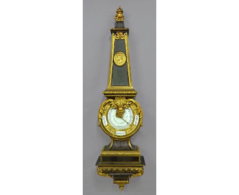 A French ormolu-mounted, brown tortoiseshell, ebony and Boulle barometre à pyramideIn the Louis XIV style, after a model by A