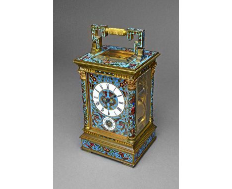 A rare and unusual French brass and champlevé enamel grande and petite sonnerie carriage clock with Chinese duplex escapement