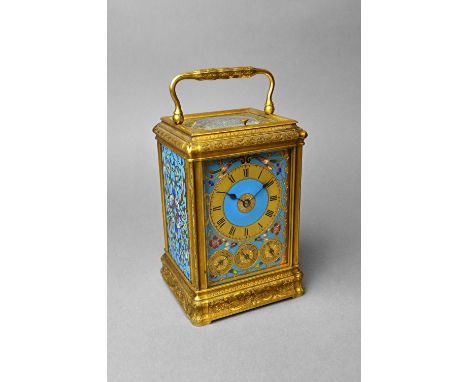 A French gilt brass engraved Gorge cased cloisonné three-panel enamel grande and petite sonnerie carriage clock with calendar