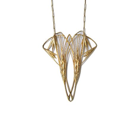 A French silver gilt pendant and chain by Miault, designed as two ears of barley in the Art Nouveau taste, on a bar link neck