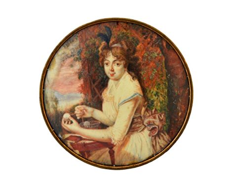 An early 19th century English school portrait miniature on ivory of a young woman sewing, 8.6cm diameter; and a late 18th cen