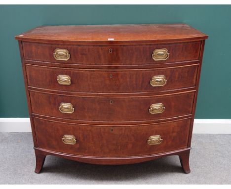 An early 19th century rosewood banded mahogany bowfront chest of four long graduated drawers, on splayed bracket feet, 115cm 