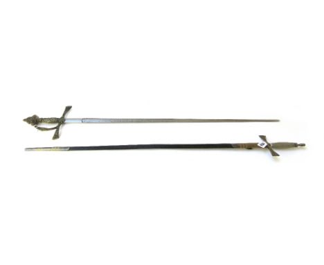 A German court sword, 19th century, with engraved double edged steel blade, cross guard hilt and a wire bound grip, in a leat