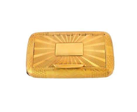 A George IV 18ct gold curved rectangular hinge lidded snuff box, the exterior engine turned, the cover later applied with a r