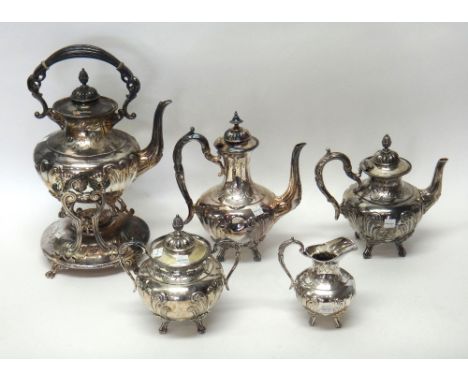 A plated five piece tea and coffee set, comprising; a spirit kettle with a stand, having a spirit burner, a teapot, a coffee 