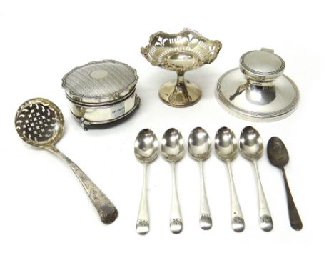 Silver and silver mounted wares, comprising; a capstan shaped inkstand, Sheffield 1931, a bonbon dish on a pedestal foot, Bir