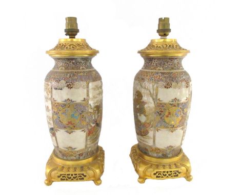 A pair of Japanese Satsuma vases, Meiji period, adapted as lamps with gilt-metal mounts, each slender ovoid vase painted with