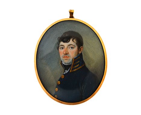 An 18ct gold framed early 19th century Swedish school portrait miniature on ivory of a young naval officer, reverse with hair