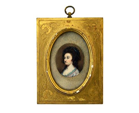 "GE", a George III portrait miniature on ivory of Mrs Sophia Beal Bonnell (1748-1841), signed with initials 'GE', 4.2cm high.