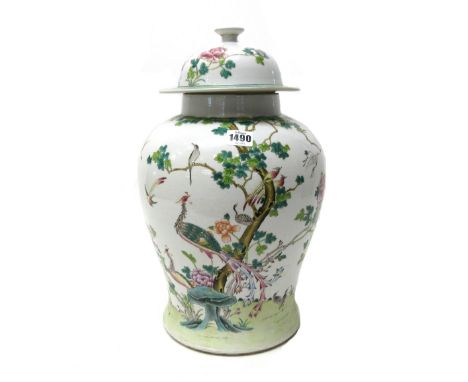 A Chinese famille-rose baluster jar and cover, 20th century, painted with birds in branches and in flight on a riverbank, apo