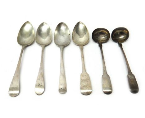 Silver flatware, comprising; a pair of Scottish fiddle pattern toddy ladles, Aberdeen first half of the 19th century, maker's