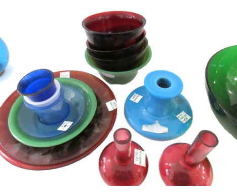 A group of Chinese coloured glass, late 19th/20th century, various shapes and colours, including vases, bowls, plates, cups a