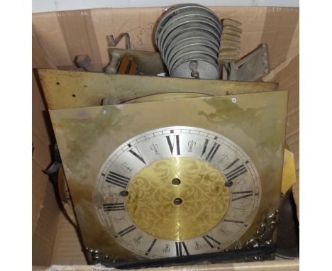 A triple train longcase clock movement, quarter-chiming on eight bells, and a collection of various dials, 3 weights, 1 pendu