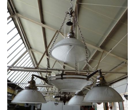 A chrome and opaque glass holophane chandelier, mid/late 20th century (a.f), approximately 58cm diameter.