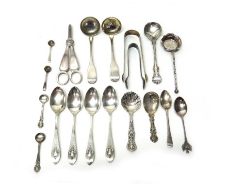 Silver flatware, comprising; a pair of Scottish fiddle pattern toddy ladles, Edinburgh 1824, two Victorian caddy spoons, a su