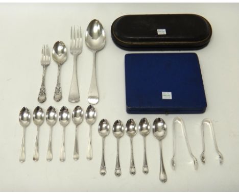 Silver flatware, comprising; two pairs of sugar tongs, a set of six rat tail pattern coffee spoons, Sheffield 1889, four matc