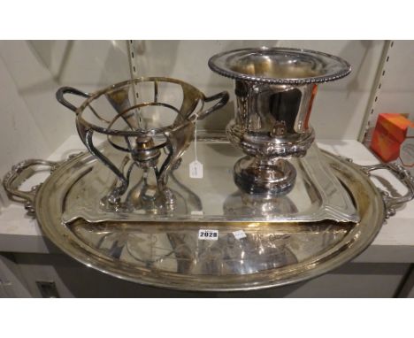 Plated wares, comprising; a large oval twin handled tray, with engraved decoration, a rectangular tray, decorated with an Art