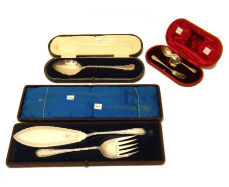A silver serving spoon, having a fig shaped bowl, Sheffield 1919, with a fitted case, a silver three piece christening set, c