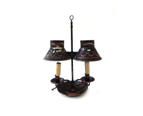 A Victorian tole piente two light adjustable table lamp, with gilt bow decoration against a black ground, and a black slate a