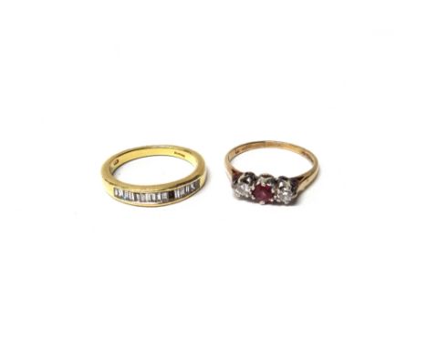 An 18ct gold and diamond set half hoop ring, mounted with a row of baguette diamonds, (one diamond lacking), ring size K and 