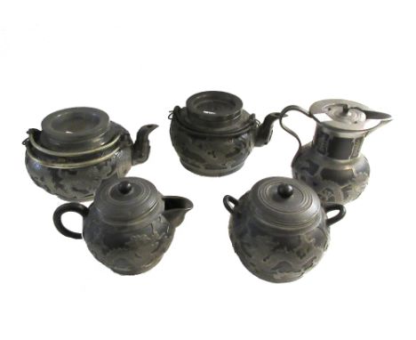 A Chinese pewter mounted black Yixing part tea service by Hor Chung,early 20th century, comprising teapot and cover, sugar bo