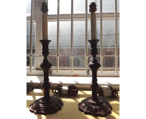 A pair of painted metal William & Mary style candlestick table lamps, 27.5cm high, (2).