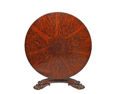 'Wilkinson, Ludgate Hill, 14490', an early Victorian breakfast table, the circular radial veneered flame mahogany snap top on
