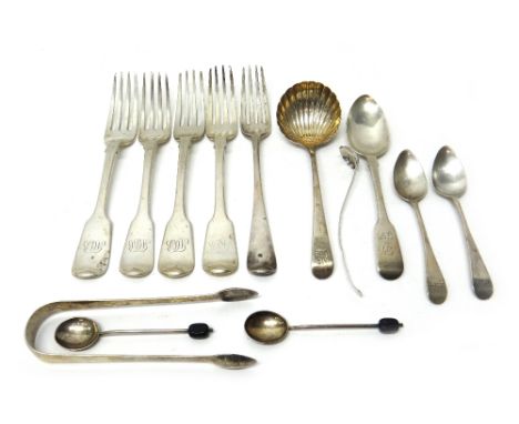 Silver table flatware, comprising; four fiddle pattern table forks, an Old English pattern table fork, a pair of sugar tongs,