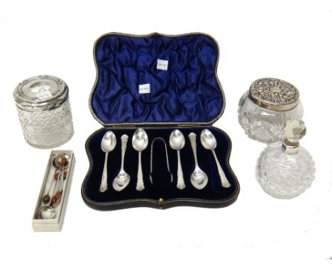 Silver and silver mounted wares, comprising; a set of six teaspoons and a matching pair of sugar tongs, London 1908, with a c