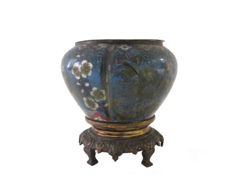 A Chinese cloisonné  gilt-metal mounted blue ground small jar and liner, 19th century, the lobed sides worked with panels of 