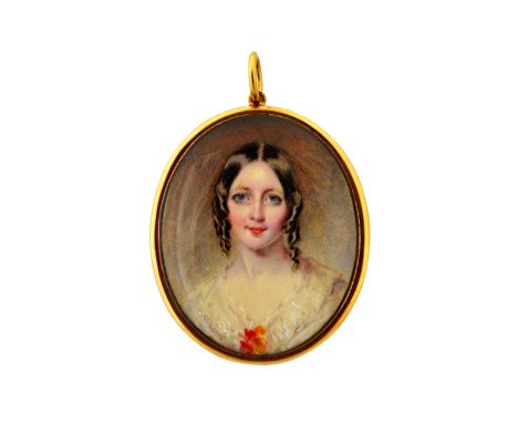 A pair of mid-Victorian portrait miniatures on ivory of a husband and wife, she with white dress and red floral spray, he wit