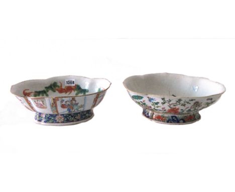 Two Chinese famille-rose shaped oval footed bowls, 19th century, one painted with figures on the exterior, the other with flo