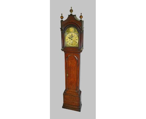 A George III oak longcase clockBy William Mayhew, WoodbridgeThe case surmounted by three giltwood spherical finials, above th