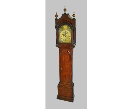 A George III oak longcase clockBy William Mayhew, WoodbridgeThe case surmounted by three giltwood spherical finials, above th