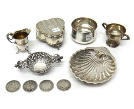 Silver and silver mounted wares, comprising; a hinge lidded trefoil shaped trinket box, raised on three feet, Birmingham 1912