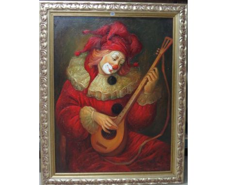 Grigoryan (20th century), A clown playing a mandolin, oil on canvas, signed, 119cm x 89cm.