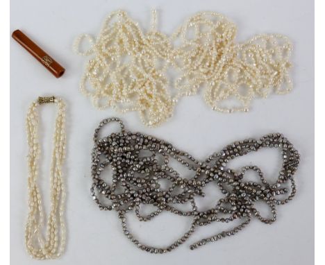 Freshwater pearl four strand necklace on 9 ct gold clasp, 42cm long, Jaeger grey freshwater pearl three strand necklace, 120 