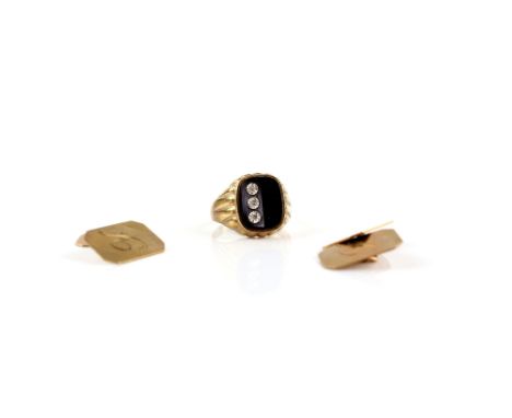 Vintage onyx signet ring set with three Swiss cut diamonds, ring size M and a pair of cufflinks, with engine turned detail an