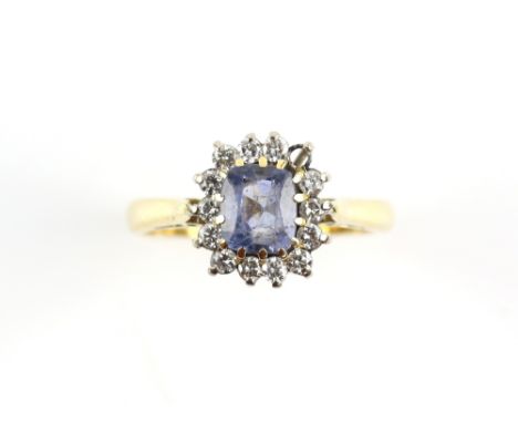 Sapphire and diamond cluster ring, central cushion cut sapphire, estimated weight 1.15 carats, set in round brilliant cut dia
