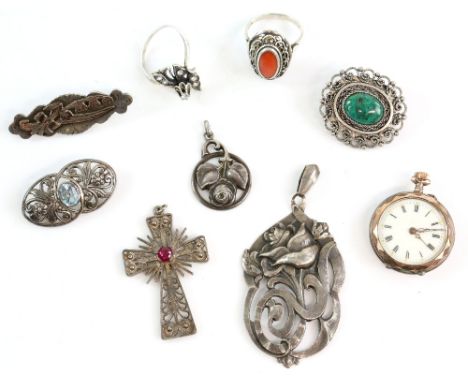 Mixed group of items, including an antique silver and gold brooch, blue topaz brooch, rose pendants, coral ring, size P, rosa