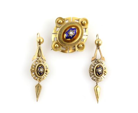 Victorian gold suite pendant/brooch with matching drop earrings, with blue star enamel and seed pearl design, brooch, pin and