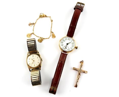 Early 20th C gold gentleman's wristwatch, white enamel dial with Arabic numerals, subsidiary dial and minute track,17 Jewel m