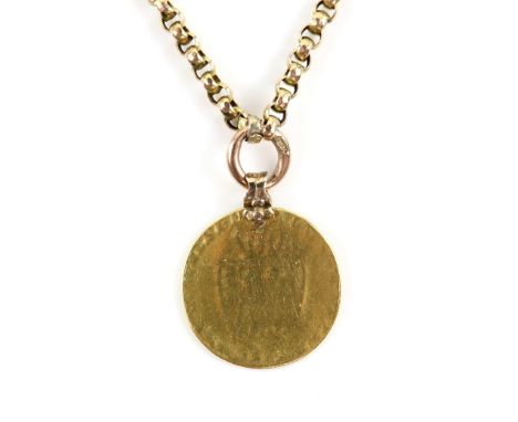 Antique faceted belcher link chain, with George III Guinea  pendant with bail, jump ring connections to create two rows of ch