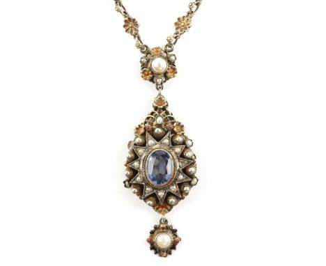 Renaissance revival silver-gilt necklace, centrally set with oval cut synthetic blue sapphire, 11.7 x 8.5mm, in a seed pearl 