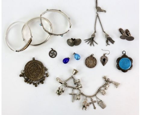 Mixed box of costume including silver bangle, charm bracelet, Victorian slider necklace, enamel compact and other items testi
