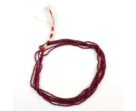 A five strand graduated facetted ruby bead necklace, largest beads measuring 2.8 x 1.8mm, a single strand measuring 39 cm in 