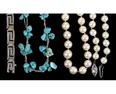 A group of costume jewellery, including a silver Greek key necklet, 45cm in length, single graduated pearl necklace, round cr