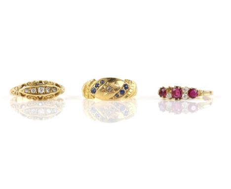Three rings, one Edwardian set with five old cut diamonds, another similar set with sapphires and diamonds, both ring size O 